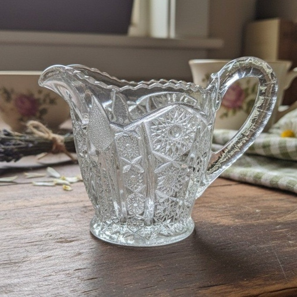 Indiana Glass Paneled Daisy Finecut Creamer, Clear Pressed‎ Glass Small Pitcher